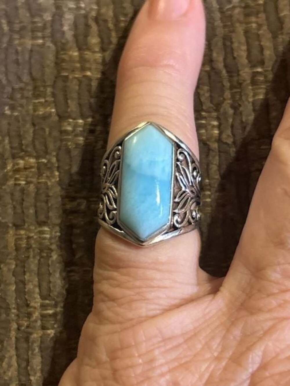 BBJ Sterling Silver Elongated Larimar Floral Filigree Ring